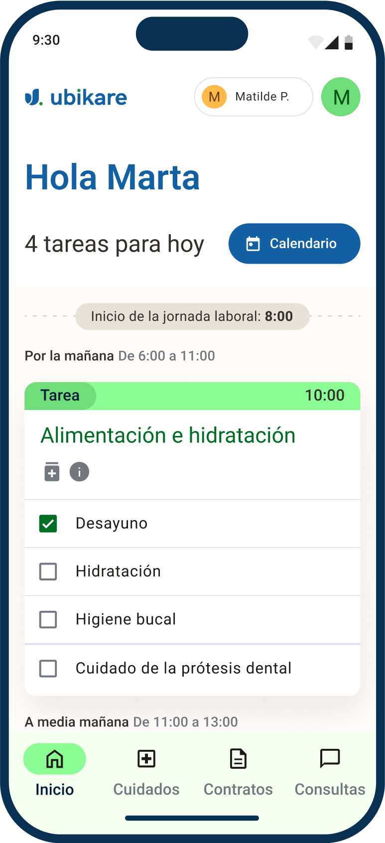 Ubikare app, main screen showing tasks