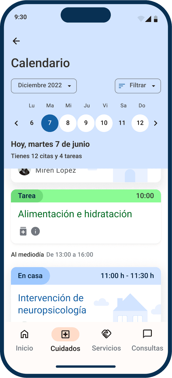 App de Ubikare, pantalla de inicio mostrando lista de tareas