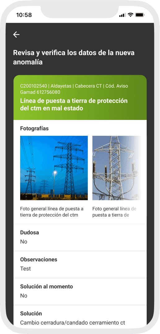 Iberdrola mobile screen, anomaly details