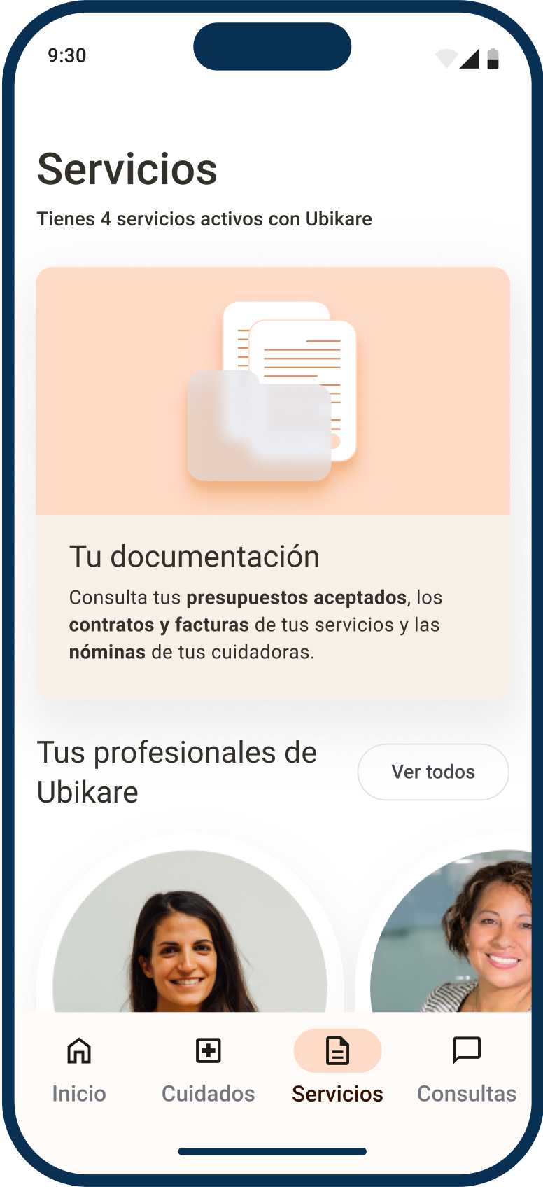 Ubikare app-a, Zerbitzu pantaila Ubikare profesional zerrenda erakusten
