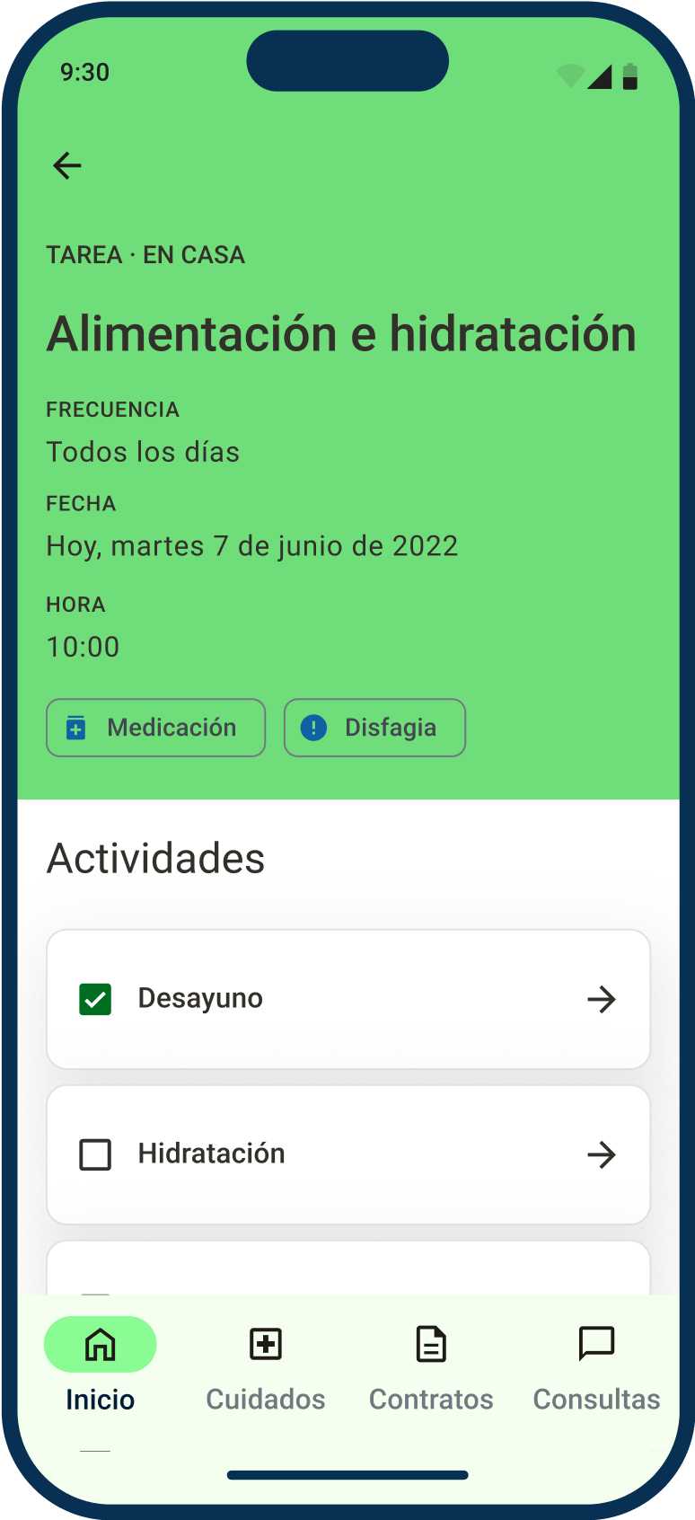 App de Ubikare, pantalla de detalle de la tarea, muestra frecuencia, hora, lista de actividades a completar, etc.