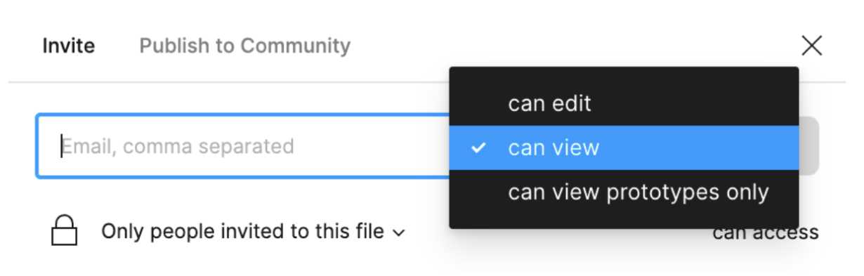 Figma capture, with option to invite users with different privileges (edition; can view; can view prototypes only)