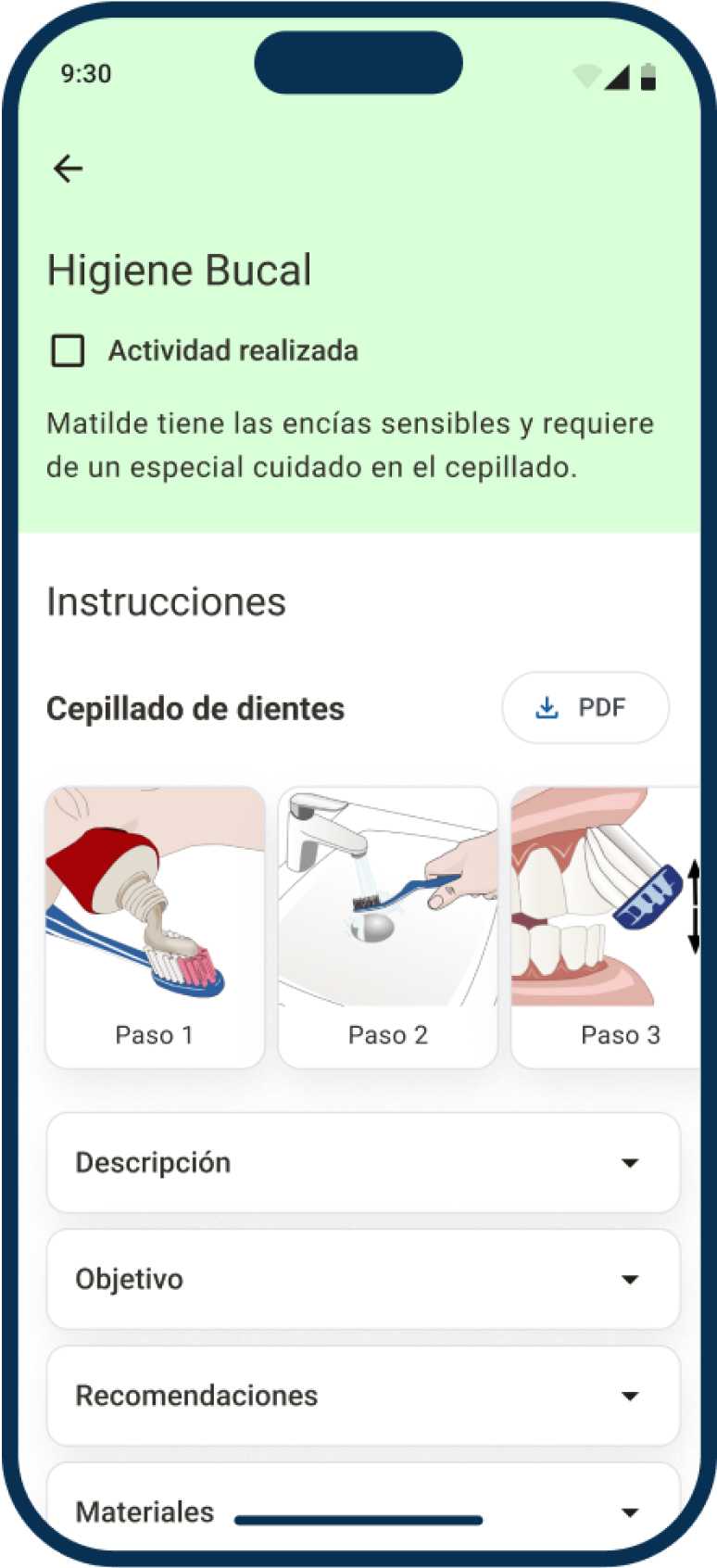App de Ubikare, pantalla mostrando actividad llamada 'Higien bucal' con sus instrucciones, descripción, objetivos, etc.