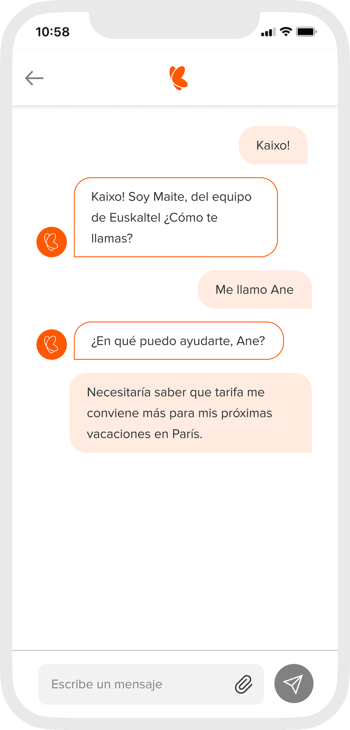 Euskaltel app mockup chat assistant