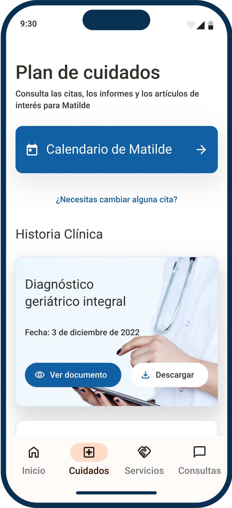 App de Ubikare, pantalla de Plan de Cuidados con acceso a la historia clínica